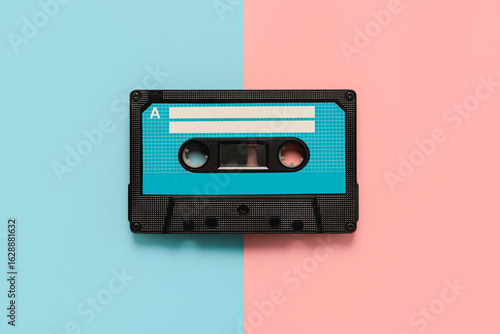 Top view of vintage audio cassette tape. Retro music concept