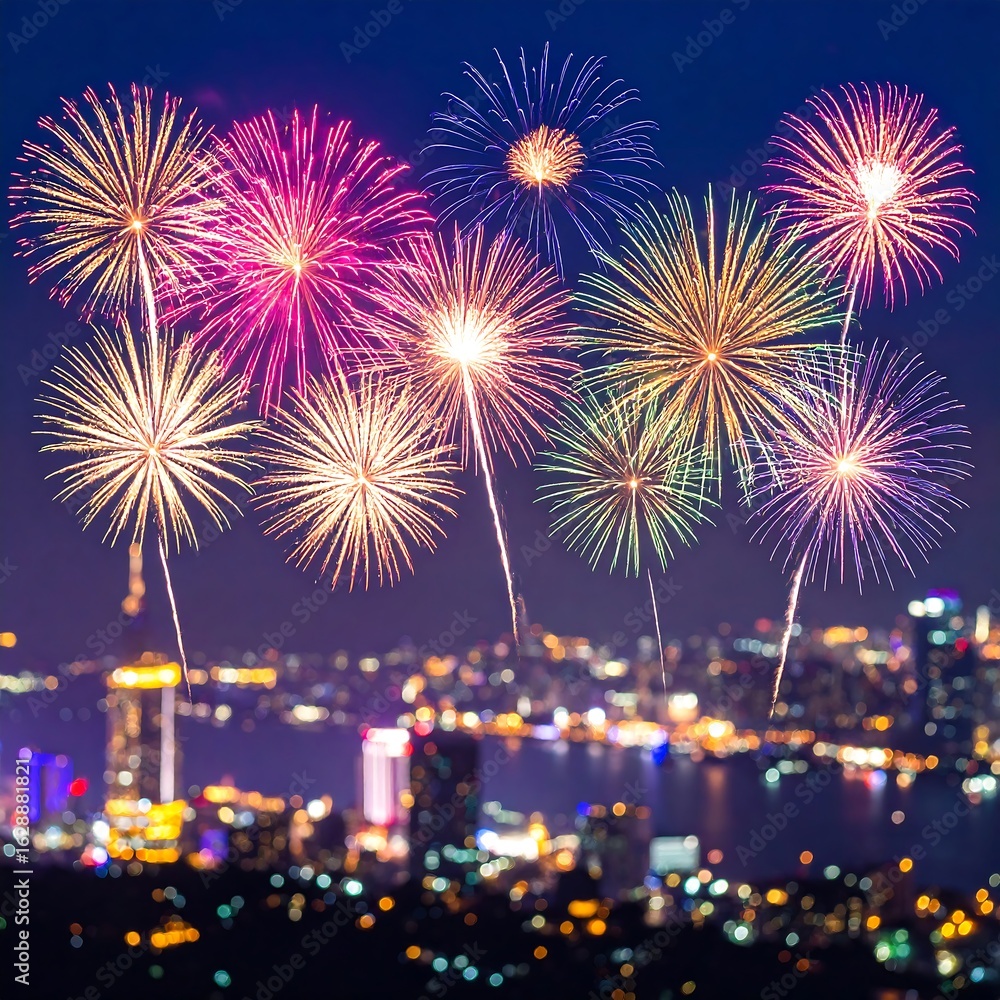 Obraz premium Fireworks over city at night