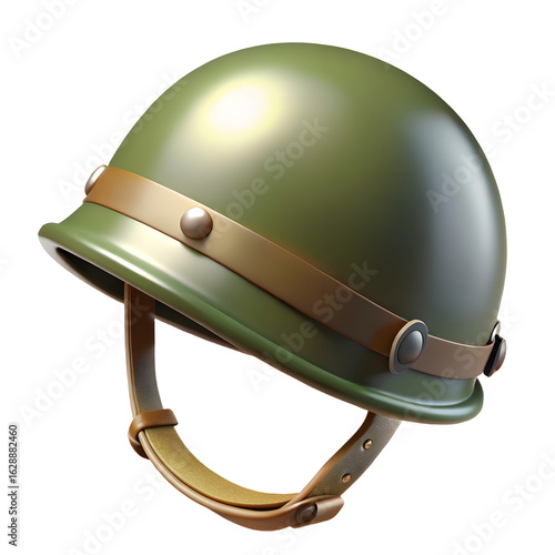 Vintage olive green military helmet with leather straps isolated on transparent background.png