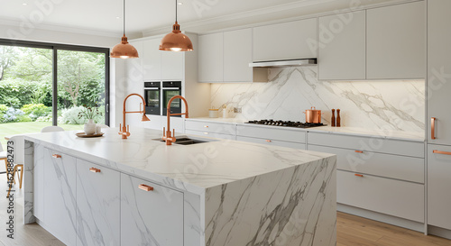 Modern kitchen design with marble island copper accents and bright open space for cooking and dining
