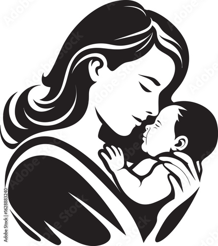 Mother Cradling Infant Silhouette Logo Icon Black Line Drawing of Woman Holding Baby Logo