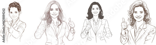 In a modern illustration, a woman wearing a shirt and having a ponytail is depicted in a continuous one-line drawing, smiling and showing a big finger sign with her thumb