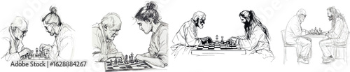 A continuous game of chess is played by a man and woman, with the woman taking action by making a move while the man remains pensive, as shown in a modern representation