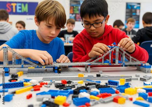 Two boys, one wearing glasses, build a bridge with colorful blocks, focusing intently on their creation in a classroom environment