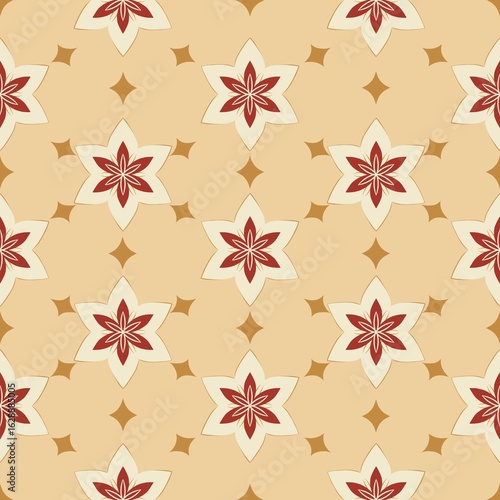 Geometric Moroccan floral seamless pattern concept warm beige and red tones with warm hues in a timeless Moroccan style. Design for fashion, fabric, wallpaper, textiles, and Moroccan interior style.