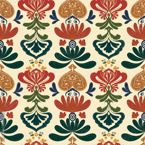 This seamless vintage folk floral pattern showcases colorful ornamental motifs inspired by cultural traditions. Ideal for textile, packaging, and wallpaper, combining timeless charm with folk elegance