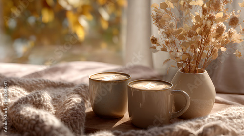 Fototapeta Naklejka Na Ścianę i Meble -  Cozy fall scene with mugs of coffee, a knitted blanket and a vase of dried flowers by a bright window.