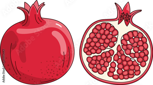 A whole pomegranate and its cross-section, showcasing juicy red arils.