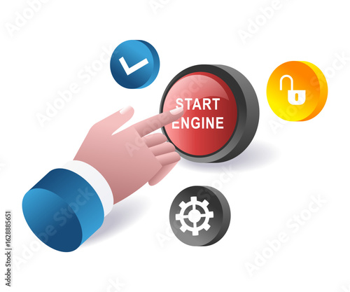 Hand presses the start engine button.eps