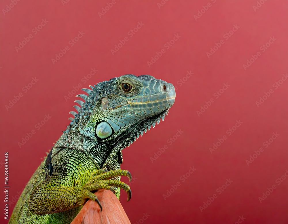 Fototapeta premium Green iguana profile against red