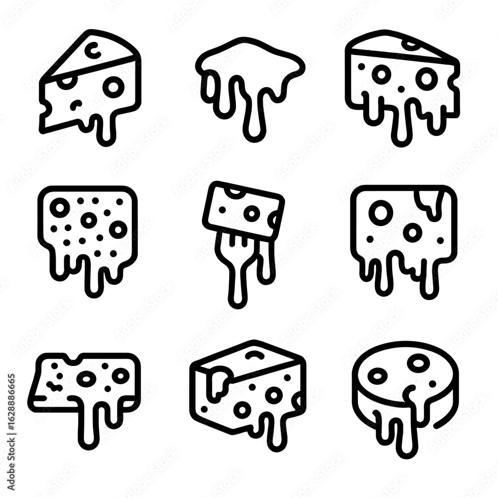 Fototapeta premium Set outline contour line cheese stroke icon melted minimal vector symbol collection