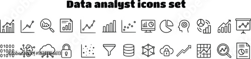 Set of data analyst line icons featuring graphs, charts, bar and line plots, magnifying glass, pie chart, computer, head with gear, binary code, artificial intelligence, cloud, padlock, scatter plot, 