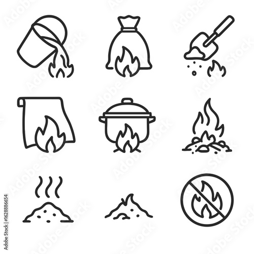 Shovel symbol set bag icons metal crossed vector fire over icon extinguishing