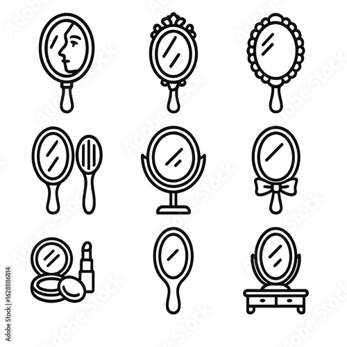 Vector brush makeup mirror vintage ribbon vanity crystal icons icon set