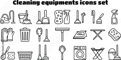 Set of  cleaning equipment icons including vacuum cleaner, mop, bucket, broom, dustpan, sponge, spray bottle, plunger, brush, scrubbing brush, gloves, trash bin, duster, squeegee, iron,