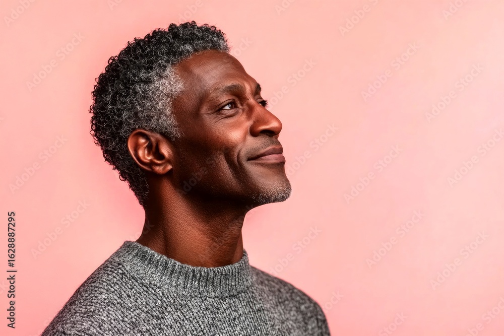 Fototapeta premium A refined and stylish man with a natural look. A handsome man in his 40s with a radiant smile. A man with natural beauty and a confident stance. A graceful mature man with a modern hairstyle.