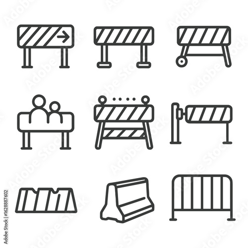Construction barrier road mobile booth strip detachable icons concrete warning icon vector