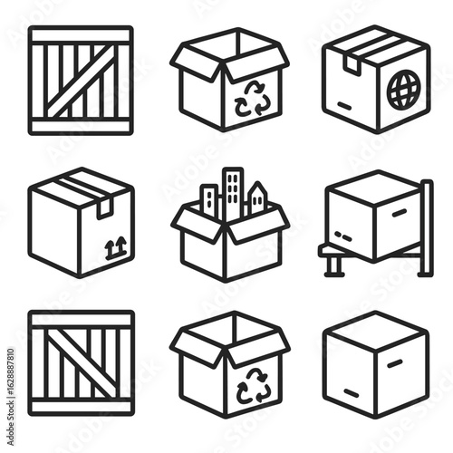 City cargo warehouse shipment icons bulk crate icon vector box skyline delivery