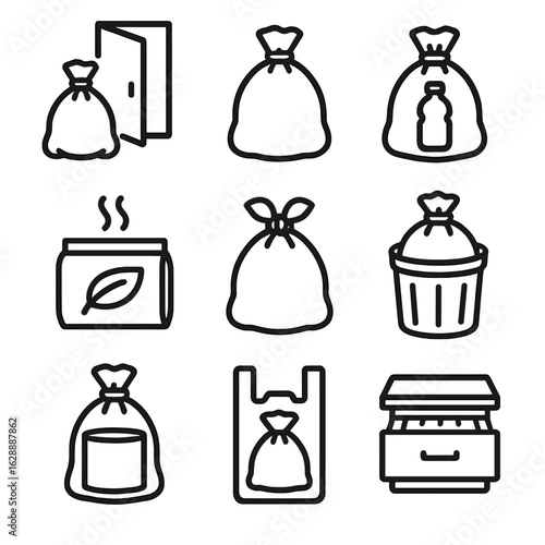 Liner bin heavy trash inside sack filled icons bag pack biodegradable vector