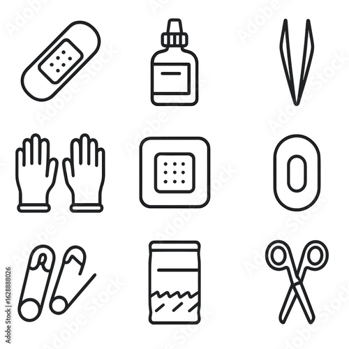 Antiseptic scissors gloves gauze vector emer icon pack patch pins bottle