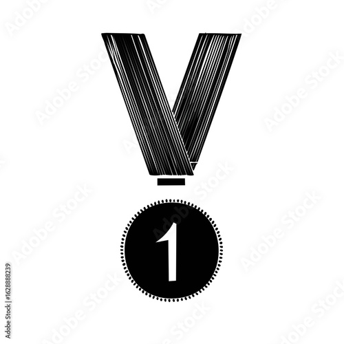 Textured monochrome first place medal illustration representing victory and achievement