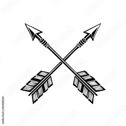 Stylized Crossed Arrows: Arrowhead Design Element with Feathered Fletching