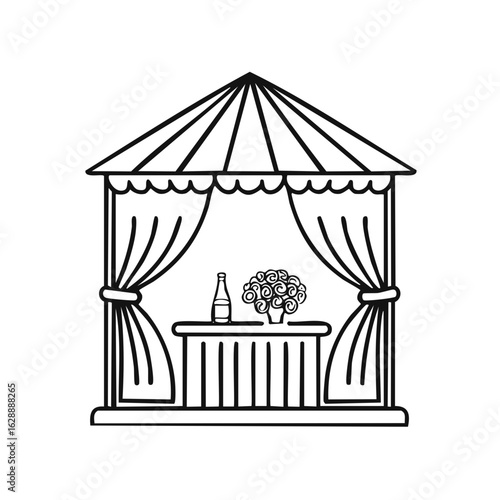 Outdoor Canopy with Table, Bottle, and Floral Arrangement