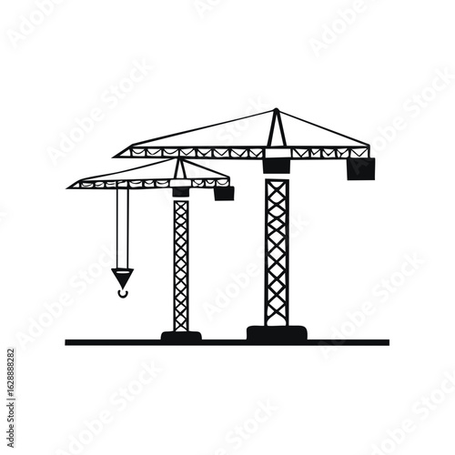 Two industrial tower cranes with lattice structures and hooks on a white background