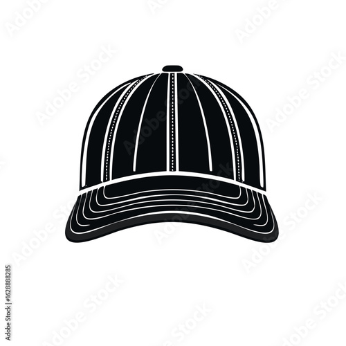 Black Baseball Cap Silhouette Icon with Detailed Stitching and Curved Brim