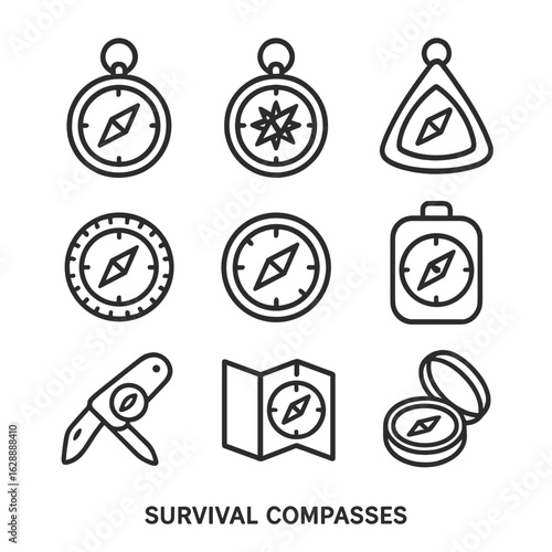 Compass minimal vector outline icons set contour stroke line survival collection icon