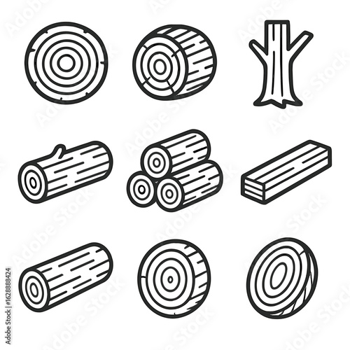 Natural timber oval collection crosscut raw icon tree stylized vector pile forest