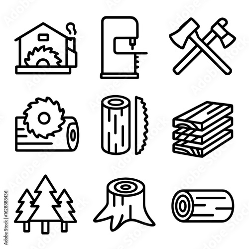 Symbol sawmill icon minimal outline collection line grid set contour stroke vector