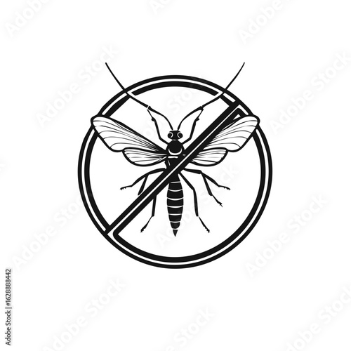 Mosquito Prohibition Sign Pest Control Warning Symbol Black and White Graphic Illustration