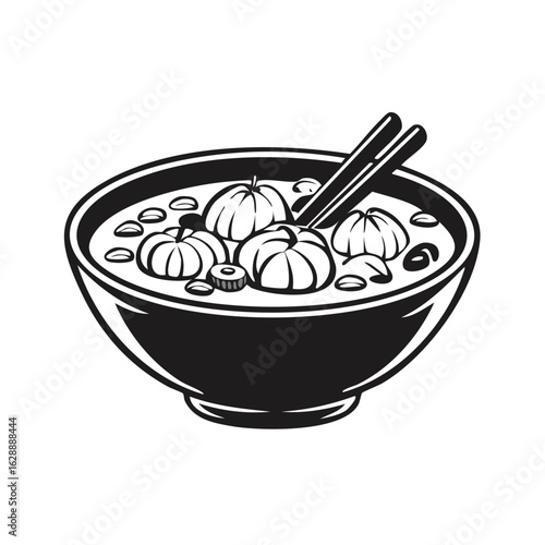 Bowl of soup with dumplings and chopsticks, black and white vector illustration