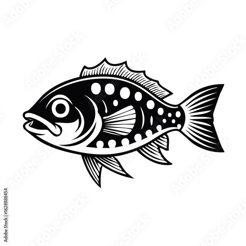 Black and white graphic illustration of a fish with stylized details.