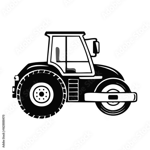 Black and white road roller illustration heavy machinery icon for construction work