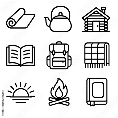 Essentials retreat vector cabin journal kettle icon yoga open book campfire hiking