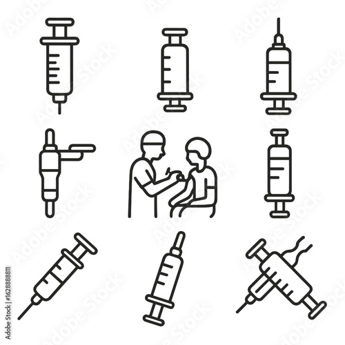 Pediatric syringe injection vector hypodermic injector icon sheath scene barrel outlined