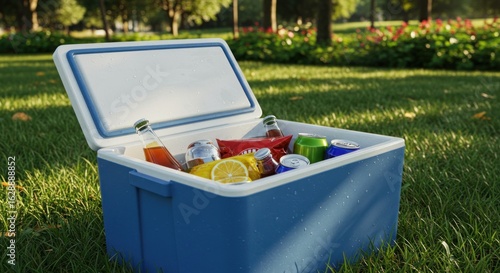 Cooler with drinks and snacks in park