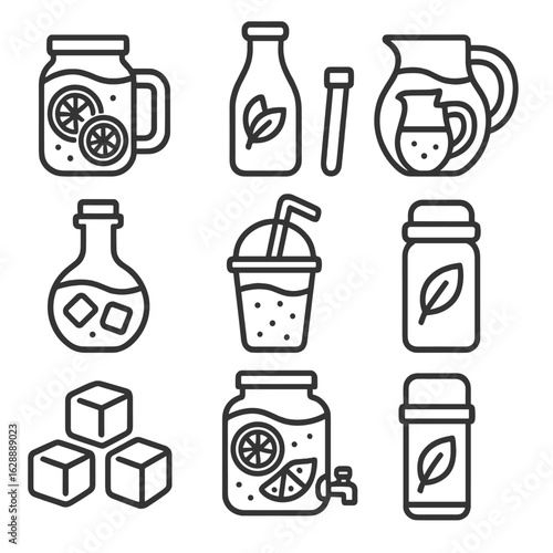 Icons drink thermos icon vector jug straw smoothie lemonade cubes brew cold