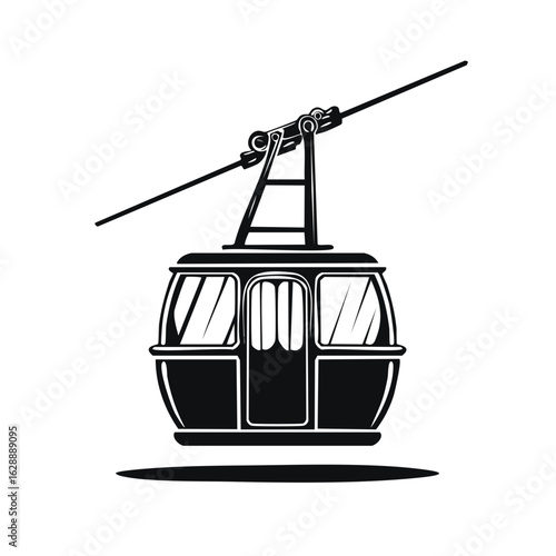 Black and white illustration of a modern cable car cabin suspended from a wire, ready for transport