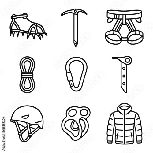 Icon axe crampons gear ice jacket carabiner climbing vector snow rope