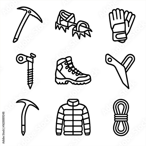 Coil climbing alpine ice rope snow pick gear vector thermal screw icon