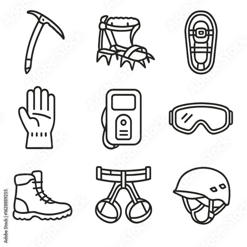 Gloves goggles climbing thermal icons avalanche icon equipment axe alpine vector mountain
