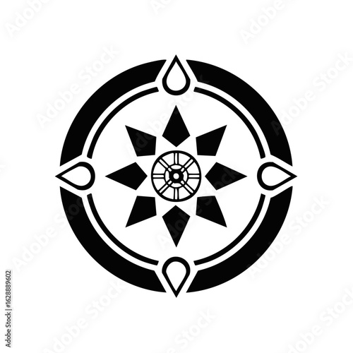 Stylized compass rose with a central wheel symbol. A black and white graphic icon for navigation or spirituality.