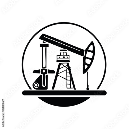 Oil pump jack and derrick in a circular emblem representing the petroleum industry