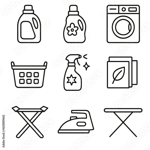 Laundry machine detergent icon dryer rack ironing grid board drying vector icons