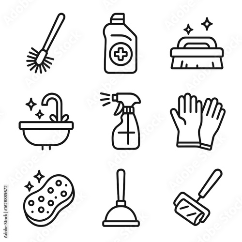 Bathroom sink plunger vector gloves cleaner mildew rubber shower icons bottle icon