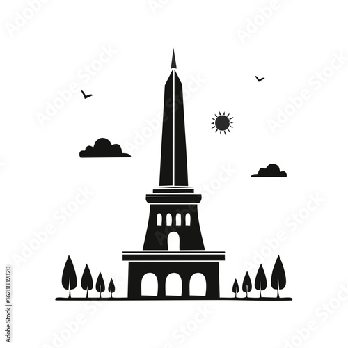 Stylized Obelisk Landmark with Sun Clouds and Birds Minimalist Illustration