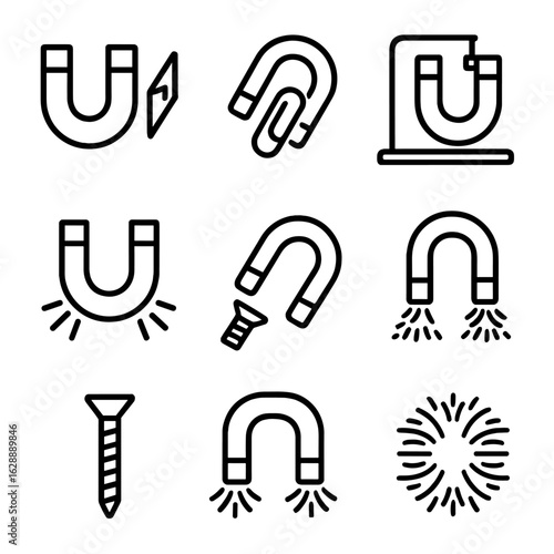 Vector set magnetism lab bits filings icon magnet paperclip screw pointer iron